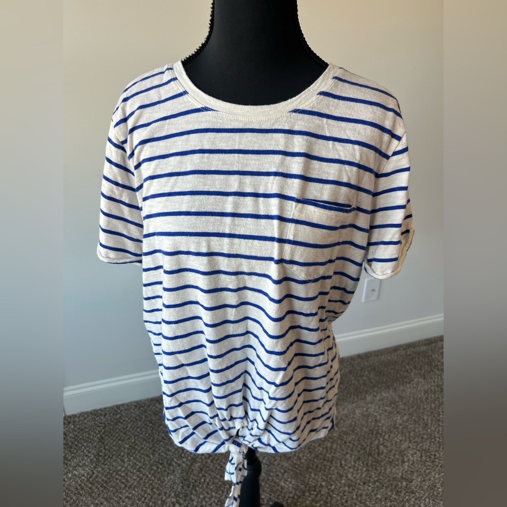 J.CREW BLUE WHITE NAUTICAL STRIPE TIE FRONT SHORT SLEEVE WOMEN'S T-SHIRT L